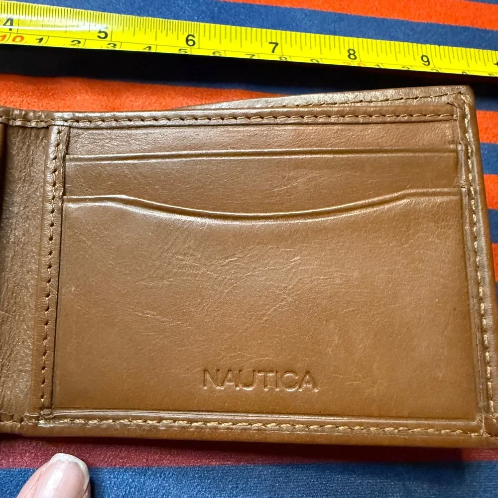 Nautica Mens Bifold Wallet Gray Canvas Brown Leather Trim Card Billfold